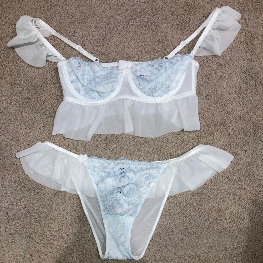 Adore Me White and Powder Blue Flowy Lace bra and undie